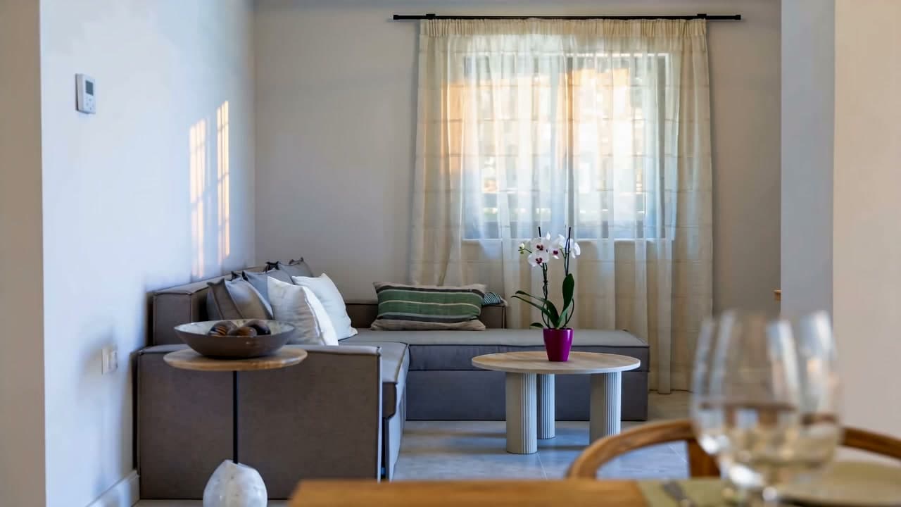 The lounge — natural materials and soft light