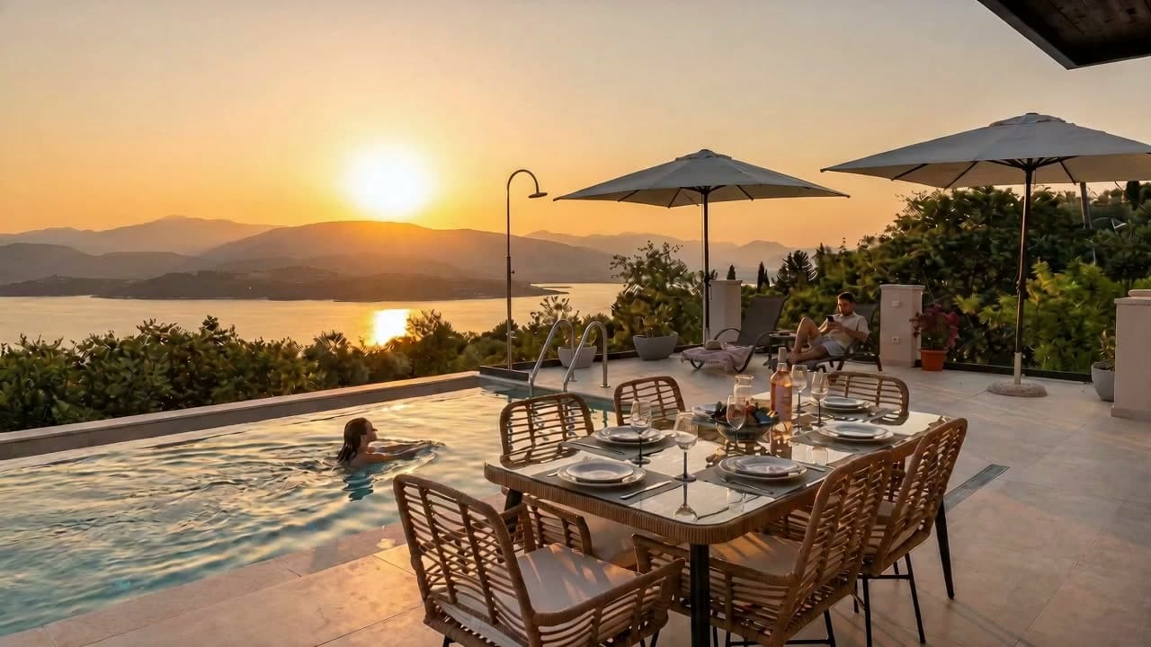 Golden-hour swim in the infinity pool as the sun sets over the Ionian